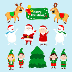 Set of Christmas characters Santa Claus, Mrs. Claus, deers, snowmen and little elves. Winter cartoon characters wave their hands on the eve of the holidays and New Year.