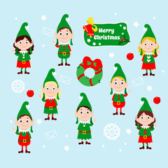 Obraz na płótnie Canvas Set of Christmas happy elves. Santa claus helpers wave their hands and smile. Festive vector illustration of winter cartoon characters. Design for greeting cards, web and marketing.