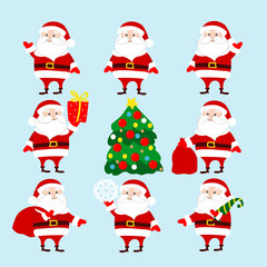 Set Santa Claus in various poses: waving, holding a spruce, gifts, snowflake. Cartoon character of Christmas and New Year holidays. Vector illustration on a blue background.