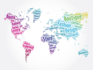 Fototapeta na wymiar Boutique word cloud in shape of world map, concept background