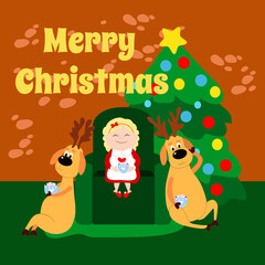 Mrs. Santa Claus is reading a book Reindeer in a house. Mother Christmas is sitting on a chair near a decorated Christmas tree. Cartoon characters. Vector illustration for cute cards.