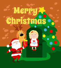 Mrs. Santa Claus is reading a book Reindeer in a house. Mother Christmas is sitting on a chair near a decorated Christmas tree. Cartoon characters. Vector illustration for cute cards.