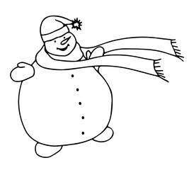 Happy snowman drawn in black outline on a white background.  He is wearing a hat and a scarf.  Vector illustration.  For postcards, invitations, coloring.