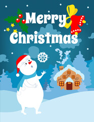 Merry Christmas Greeting Card Vector. A little snowman plays with a snowflake against the backdrop of a fabulous winter landscape.