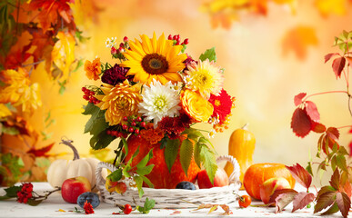 Obraz na płótnie Canvas Autumn bouquet of beautiful flowers and berries in a pumpkin on wooden white table. Concept of autumn festive decoration for Thanksgiving day.