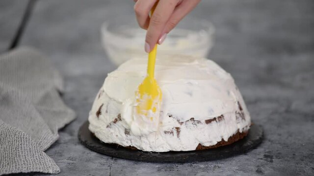 Close up of woman preparing cake with vanilla cream at home. Making Pancho Cake with Sour Cream