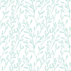 Pastel elegant seamless pattern of hand-drawn tree branches; cute vector background; botanic pattern of tree branches with leaves