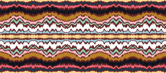 Ikat border. Geometric folk ornament. Ink on clothes. Tribal vector texture. Seamless striped pattern in Aztec style. Ethnic embroidery. Indian, Scandinavian, Gypsy, Mexican, African rug.