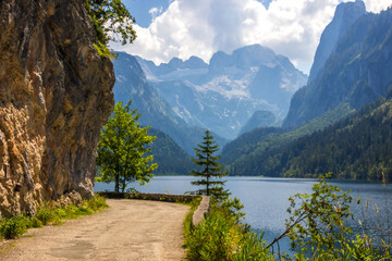 sunny day on Lake Voredere Gosausee in the Austrian Alps