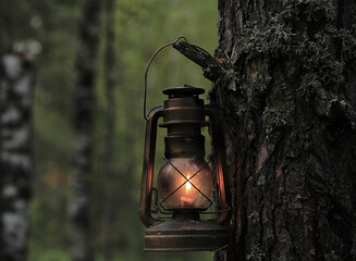 An old kerosene lamp hangs on a tree in the autumn forest.