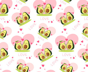 Seamless vector texture for valentines day.A pair of avocado lovers gently green with pink flowers, hearts.Vegetarian wallpaper,packaging,textiles, holiday print of love.Isolated on a white background