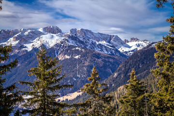 View of coniferous forest and mountains in sunny winter day. Ski resort Val Gardena in Dolomites mountains. Passo Pordoi pass. , Italy