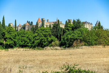 Fototapeta na wymiar General view of the medieval Citadel of Carcassonne, among the trees, department of Aude, Languedoc-Roussillon region, France