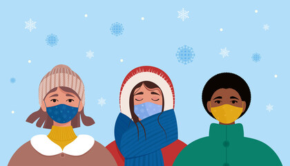 Women in protective masks in winter. Coronavirus covid-19 concept. Vector illustration in flat style