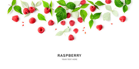 Raspberries and leaves creative banner.