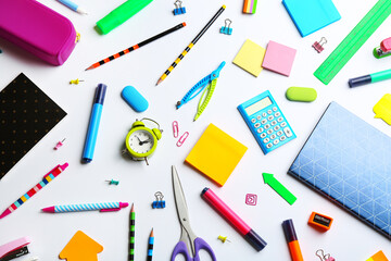 School stationery on white background, flat lay. Back to school