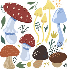 Cute mushrooms flat hand drawn vector illustration. Colorful collection in scandinavian style. Autumn forest harvest simple elements set for design, print, wrapping, decoration, card, sticker, banner.