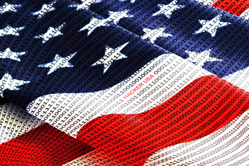 Binary code with red inscription hacker usa on background of American flag.