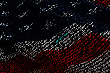 Binary code with inscription hacker usa on background of American flag.
