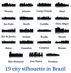 Obraz premium Set of 19 city silhouette in Brazil ( Rio de Janeiro, Salvador, Sao Paulo, Belem, Teresina, Natal, Campo Grande, Recife, Curitiba, Maceio, Goiania, Fortaleza, Manaus, Belo Horizonte, Campinas, )