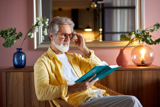 Handsome Senior Male Sit On Chair Reading A Book, Bearded Caucasian Man 60 Years Old Have Rest At Home