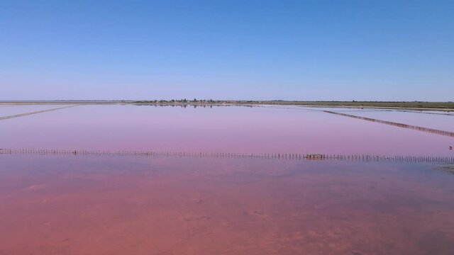 Aerial view of the salty pink lake. Lemuriyske Lake, Genichesk, Ukraine.