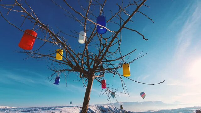 Flying balloons and a tree with colored lanterns.