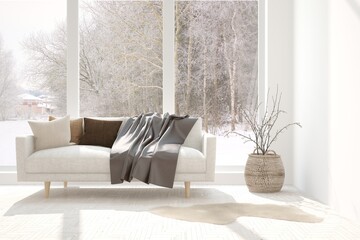 White living room with sofa and winter landscape in window. Scandinavian interior design. 3D illustration