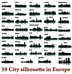Set of 39 city silhouette in Europe ( London, Berlin, Madrid, Dortmund, Warsaw, Palermo, Liverpool, Brussels, Barcelona, Paris, Bucharest, Antwerp, Valencia, Zaragoza, Lyon, Palermo, Dusseldorf,  )
