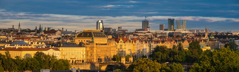 Panorama of Prague, the capital of the Czech Republic in the light of the setting sun