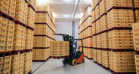 A worker distribute goods in a warehouse with a forklift. © Vital