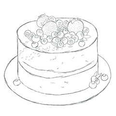 cake with blueberries in black and white. strawberries, berries, dessert decoration. coloring book for adults sedation. delicious festive pastries. pastry. bakery on a white background. doodle, sketch