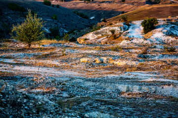 Beautiful landscape in village Rogojeni in Moldova, Europe. Autumn nature. The natural landscape of limestone rock, eroded by the river.