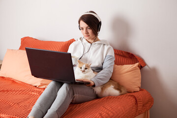 A person holding a cat and laptop. a home schooling and work at home. A woman in white headphones, in home clothes with a cat on the bed sits and looks at the laptop.