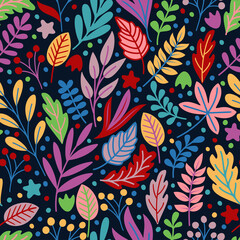 Seamless pattern with colorful autumn leaves and berries. Vector illustration.