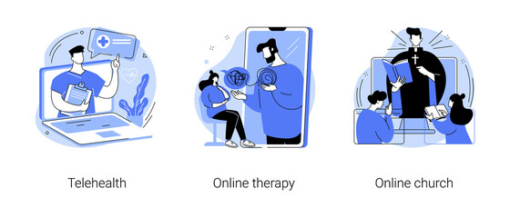 Digital counseling and mental help abstract concept vector illustration set. Telehealth, online therapy and church, social distancing, worship services, social distancing admission abstract metaphor.