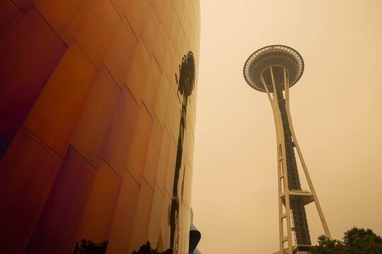 September 12, 2020, Seattle, Washington: The Space Needle in Seattle, Washington is obscured by smoke from nearby wildfires causing the air quality to be at unhealthy levels. 