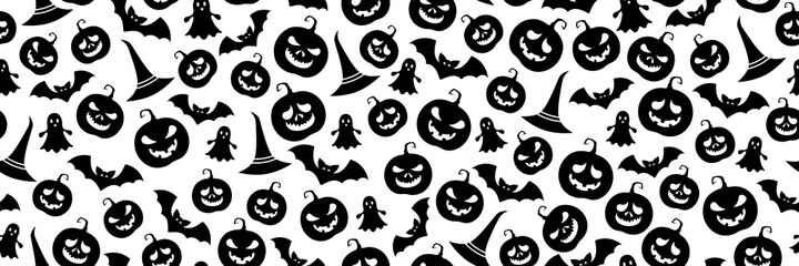 Halloween black and white pattern with pumpkins. Background with cute cartoon jack-o-lanterns, bats, witch hats and ghosts. Vector illustration