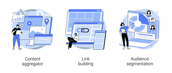 Content marketing abstract concept vector illustration set. Content aggregator, link building, audience segmentation, page rank, target audience, digital ad campaign, hyperlink abstract metaphor.