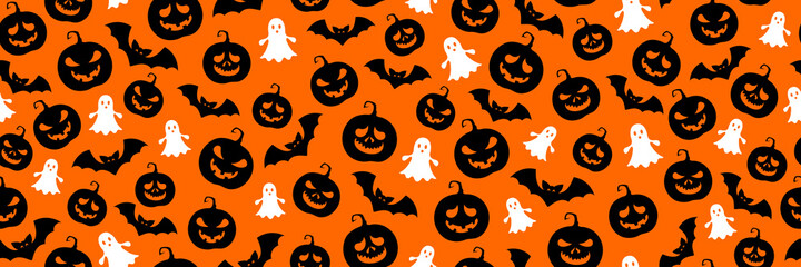 Halloween pattern with pumpkins. Background with cute cartoon jack-o-lanterns, bats and ghosts. Vector illustration