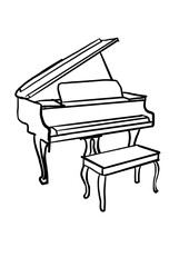Hand drawing  piano and music. A grand piano with an open lid and chair. The black color of the line and white color of the background. Illustrator good for greeting cards, albums 