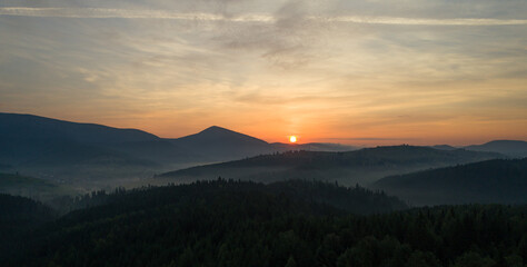 mountains landscape with sun and alpine pines. Sunrise