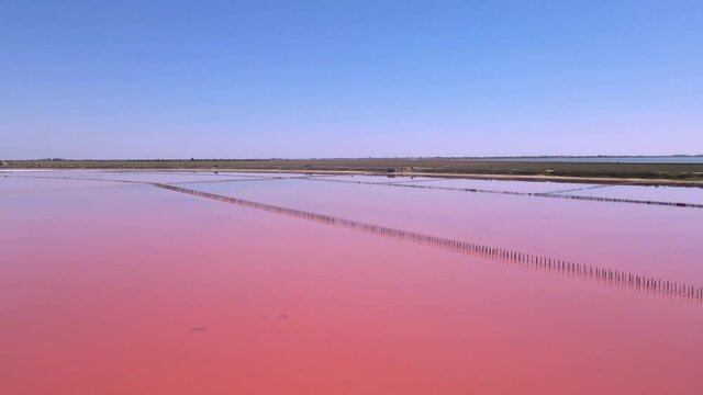 Aerial view of the salty pink lake. Lemuriyske Lake, Genichesk, Ukraine.