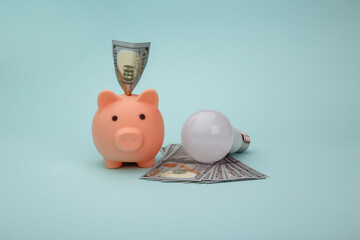 Saving electricity concept. Led light bulb and piggy bank with money banknotes.