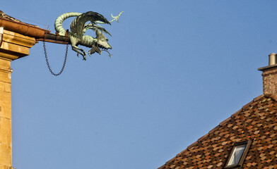 dragon-shaped roof gutter in Neuchatel, switzerland