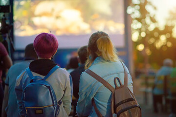 Two girls watching a movie on the screen of a summer cinema