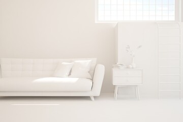 White minimalist living room with sofa. Scandinavian interior design. 3D illustration