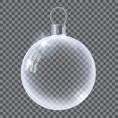 Vector realistic transparent Christmas ball. Template of glass transparent Christmas ball. Vector object for design, mock-up. Shiny toy with silver glow.