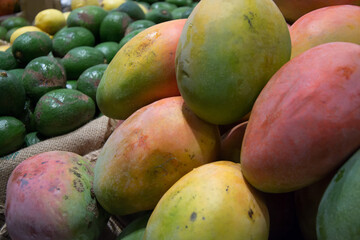 Mangoes in the foreground and avocados in the background.