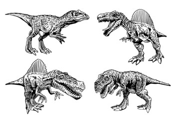 Set of dinosaurs on white background, vector hand-drawn illustration